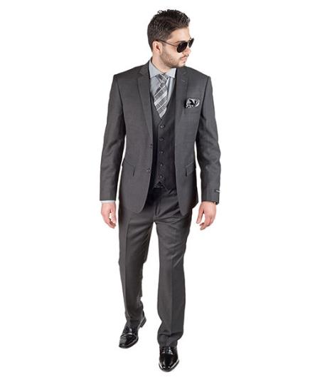 Men 3 Piece Slim Fit With Double Vested Suit Charcoal Grey