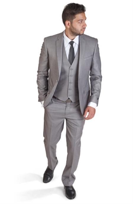 Traje de hombre plateado de dos botones, corte ajustado, traje de 3 piezas con chaleco, color gris plateado - Traje de vestir para hombre