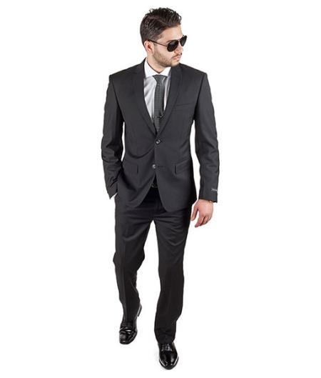 Traje negro azabache liso de mezcla de algodón de corte entallado para hombre - Traje de vestir para hombre