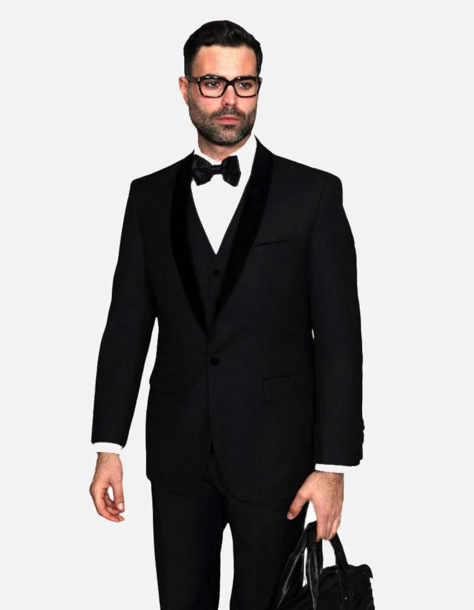 Statement Men's Black with Black Lapel Vested 100% Wool Velvet Tuxedo