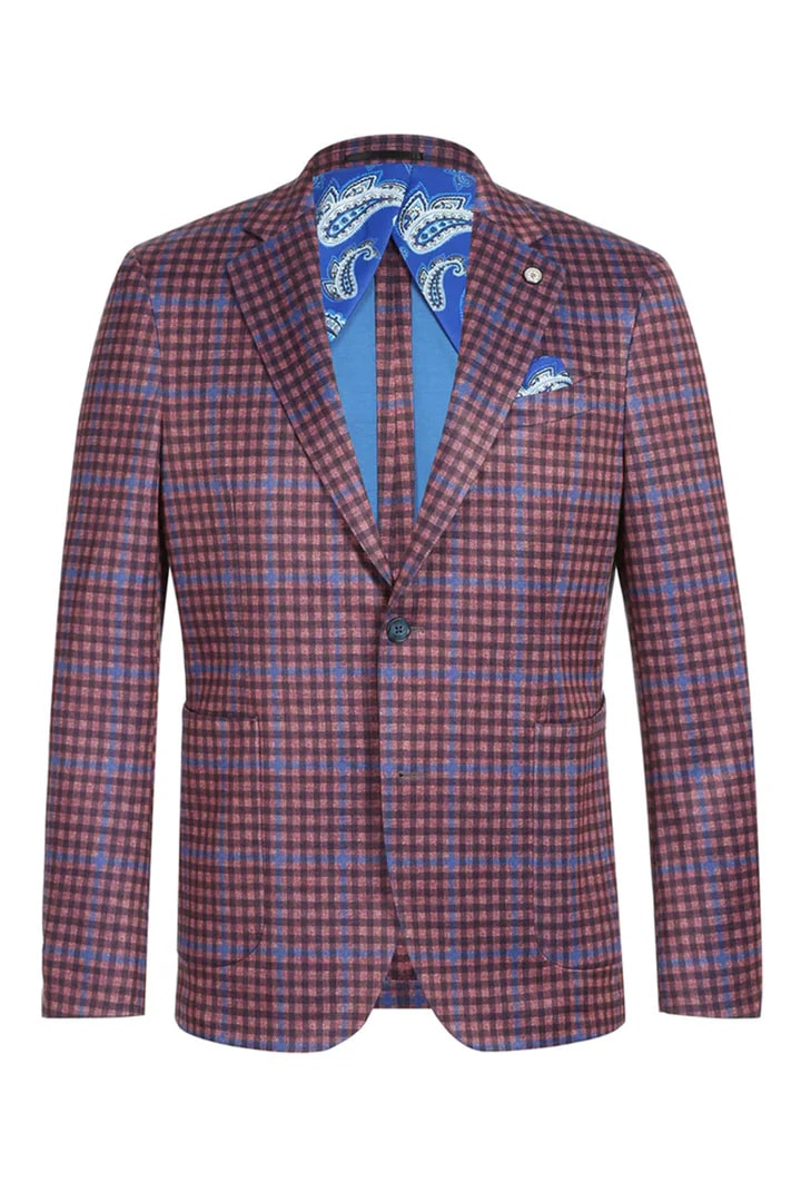 Saco vaquero - Chaqueta deportiva estilo western - Blazer estilo western - Blazer de algodón de verano sin estructura, ajustado, con dos botones y cuadros burdeos y azules para hombre