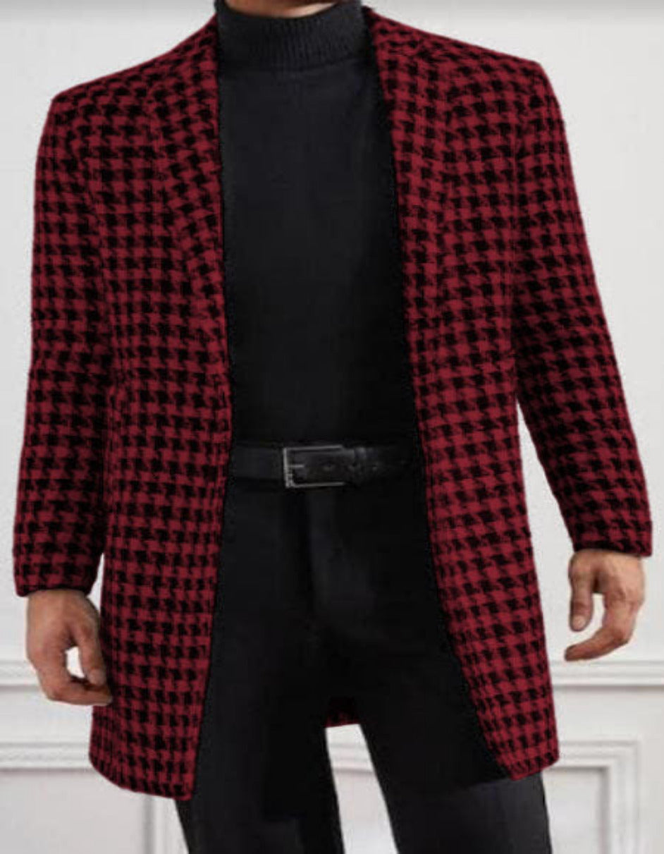 Men Houndstooth Lapel Collar Single Breasted Tweed Overcoat Black and Burgundy