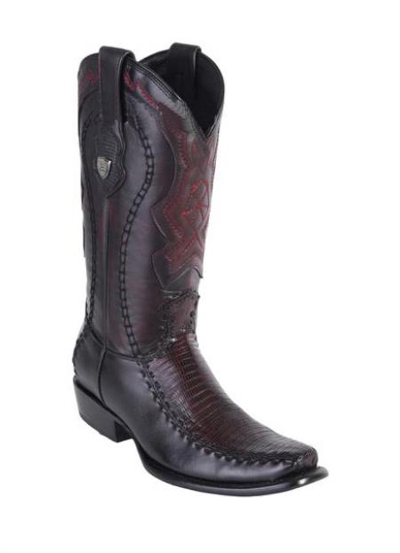 Men's Genuine Teju Lizard Deer Skin Dubai Toe Wild West Dress Cowboy Boot Cheap Priced For Sale Online Handmade Black Cherry