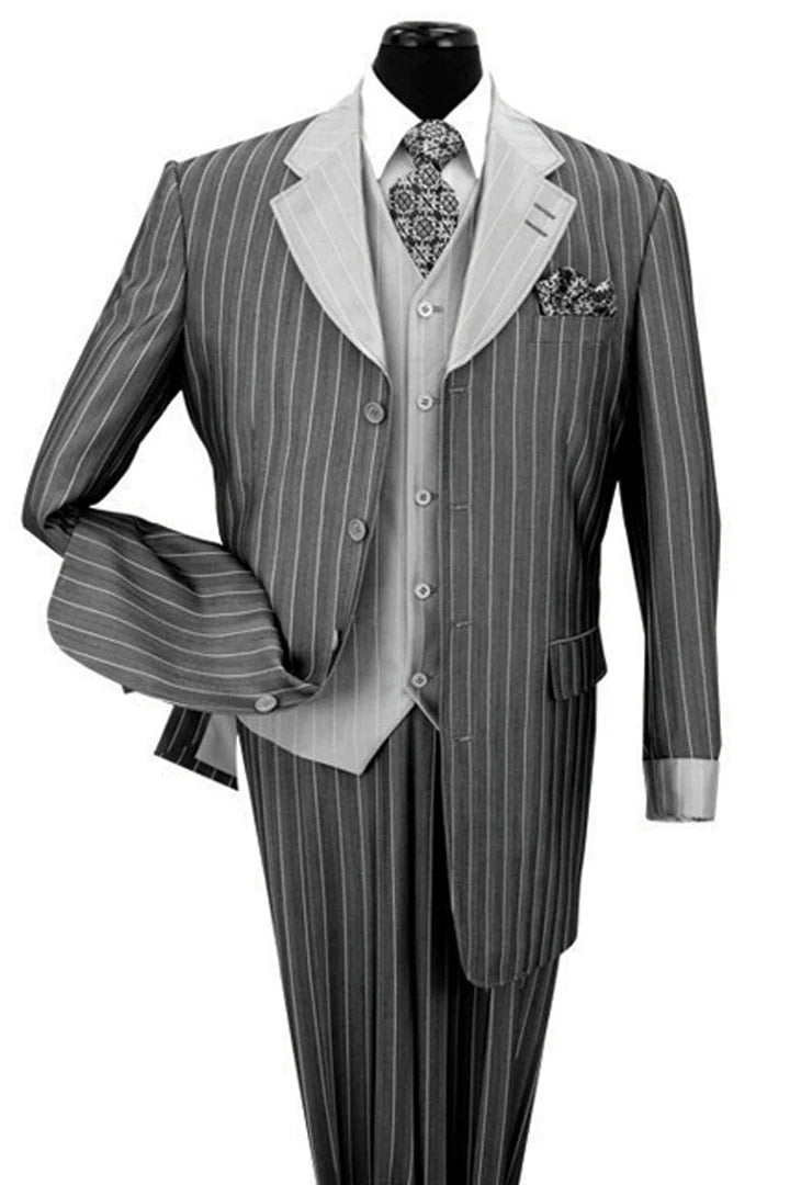 Trajes Elegantes Para Hombre - Trajes de Vestir - Mens Vested Shiny Sharkskin Black Fashion Pinstripe Zoot Suit