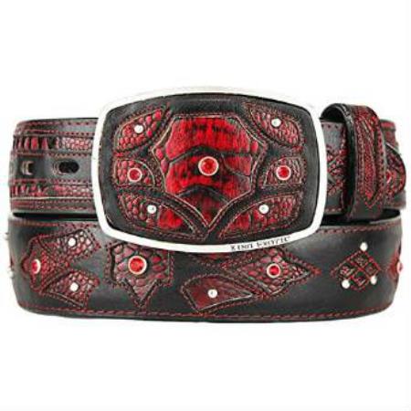 Men's Original Ostrich Leg Skin Fashion Western Hand Crafted Belt Black Cherry