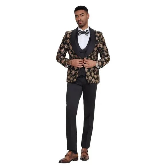 Traje de 3 piezas para hombre con estampado floral brillante en negro y rosa de Tazzio 2024