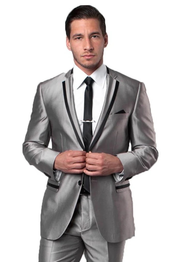 Trajes Elegantes Para Hombre - Trajes De Vestir - Mens Two Button Slim Fit Silver Sharkskin Suit