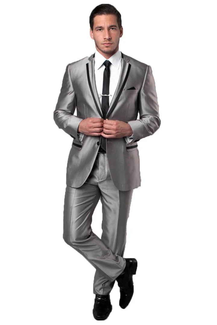 Trajes Elegantes Para Hombre - Trajes De Vestir - Mens Two Button Slim Fit Silver Sharkskin Suit