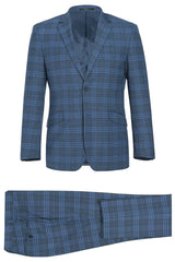 Trajes Elegantes Para Hombre - Trajes De Vestir - Mens Two Button Slim Fit Windowpane Plaid Blue Suit