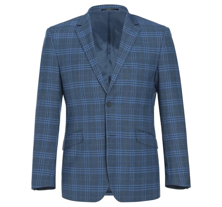 Trajes Elegantes Para Hombre - Trajes De Vestir - Mens Two Button Slim Fit Windowpane Plaid Blue Suit