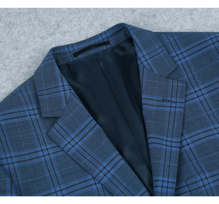 Trajes Elegantes Para Hombre - Trajes De Vestir - Mens Two Button Slim Fit Windowpane Plaid Blue Suit