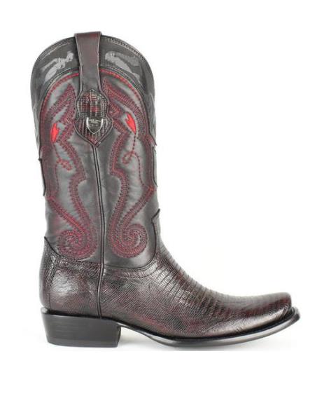 Men's Wild West Leather Dubai Square Toe Black Cherry Genuine Teju Lizard Dress Cowboy Boot Cheap Priced For Sale Online