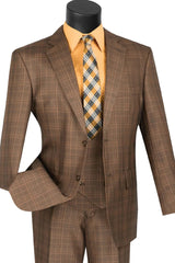 Trajes Elegantes Para Hombre - Trajes De Vestir - Mens Two Button Vested Peak Lapel Brown Plaid Windowpane Suit