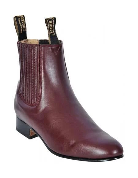 Los Altos Boots Men's Genuine Deer Chelsea Charro Leather Sole Short Boot ~ Botines Para Hombre Burgundy ~ Wine ~ Maroon Color