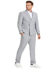 Traje gris claro - Traje gris plateado para boda - Traje de hombre de corte entallado con doble botonadura y raya diplomática en gris pastel de verano