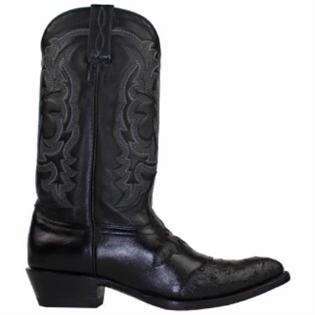 Men's Black Semi Oval Toe Genuine Ostrich Handmade Dress Cowboy Boot Cheap Priced For Sale Online - Botas De Avestruz