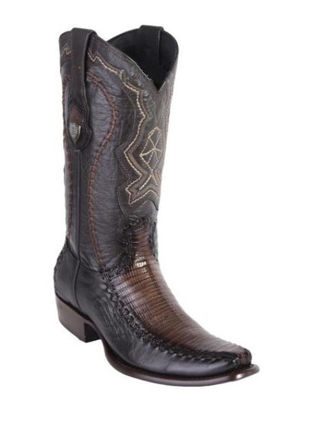 Men's Wild West Dubai Toe Faded Brown Genuine Teju Lizard And Deer Dress Cowboy Boot Cheap Priced For Sale Online Handcrafted