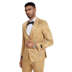 Traje de 3 piezas con estampado floral para hombre 2024 con chaleco cruzado de Tazzio, dorado