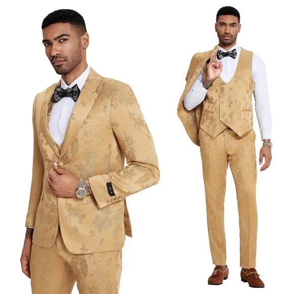 Traje de 3 piezas con estampado floral para hombre 2024 con chaleco cruzado de Tazzio, dorado