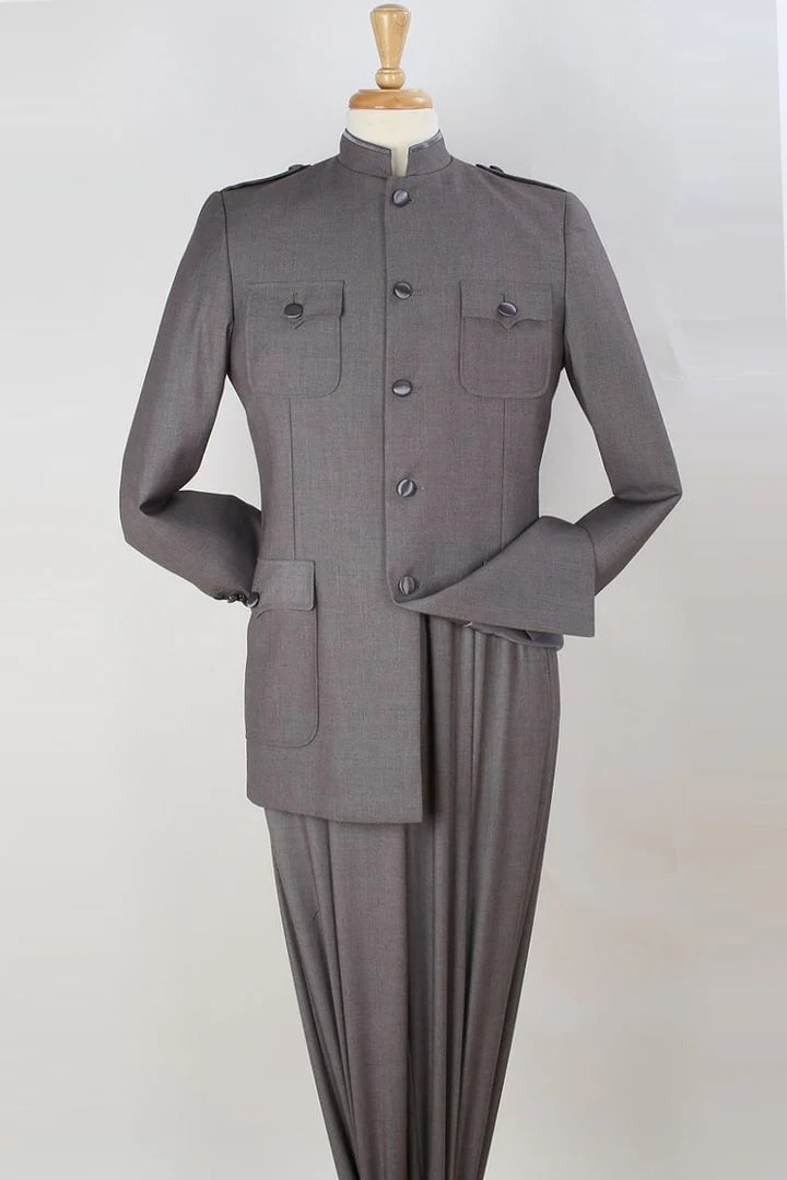 Trajes Elegantes Para Hombre - Trajes De Vestir - Mens Five Button Military Insired Mandarin Banded Grey Safari Suit