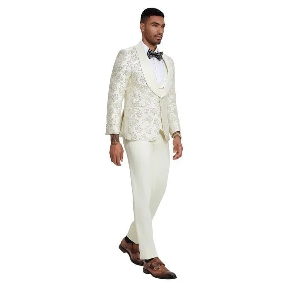 Traje de 3 piezas para hombre con estampado floral brillante en color marfil 2024 de Tazzio