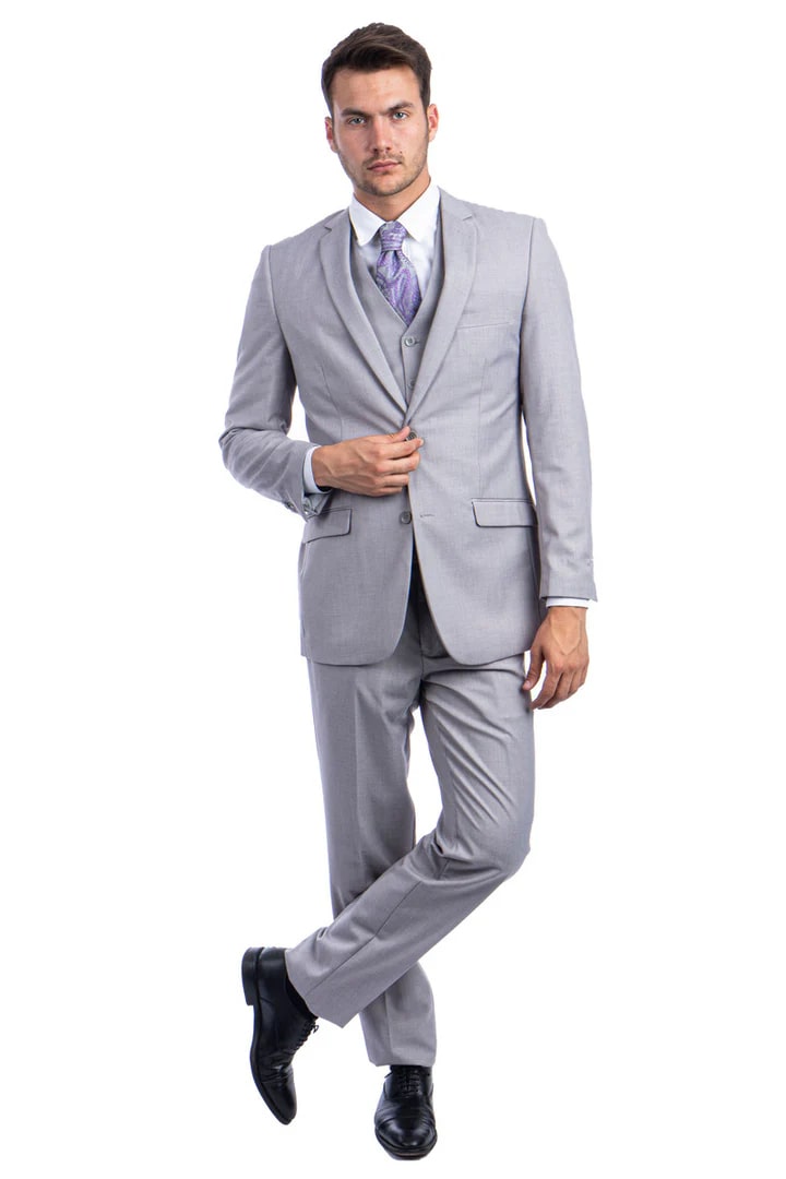 Light Grey Suit - Silver Gray Suit For Wedding - Men's two Button Basic Hybrid Fit Light Grey Vested Suit