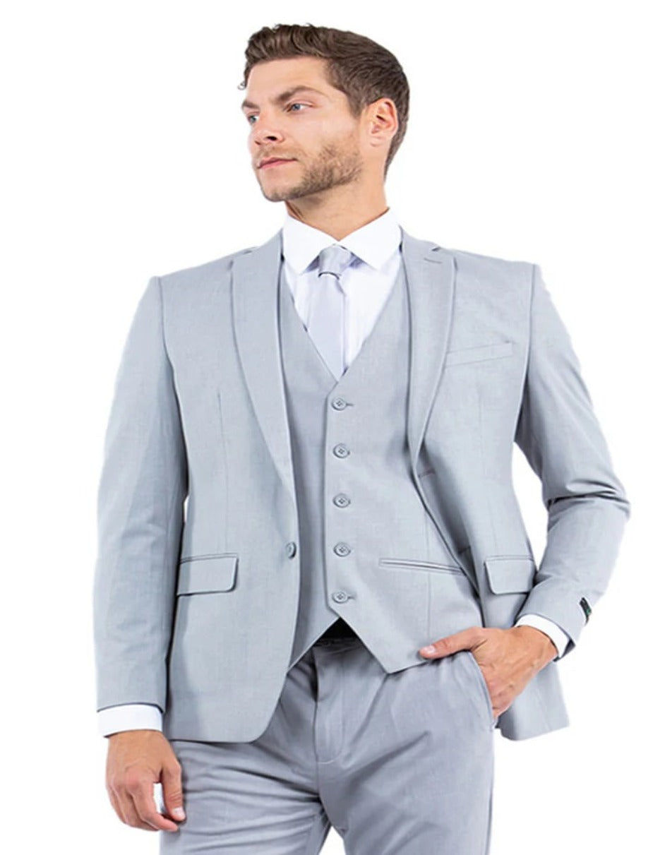 Traje gris claro - Traje gris plateado para boda - Traje de boda de verano de lino estilo playa con solapa de pico y dos botones para hombre