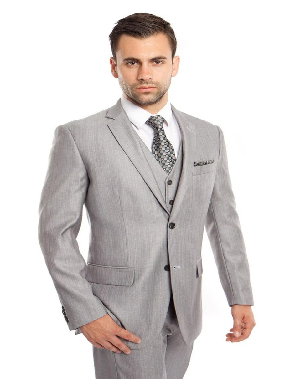 Traje gris claro - Traje gris plateado para boda - Traje de negocios gris claro con textura de piel de tiburón y dos botones para hombre