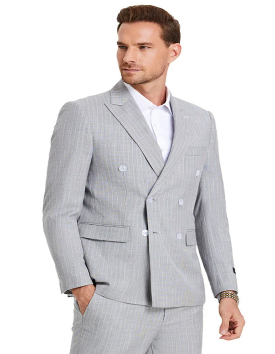 Traje gris claro - Traje gris plateado para boda - Traje de hombre de corte entallado con doble botonadura y raya diplomática en gris pastel de verano