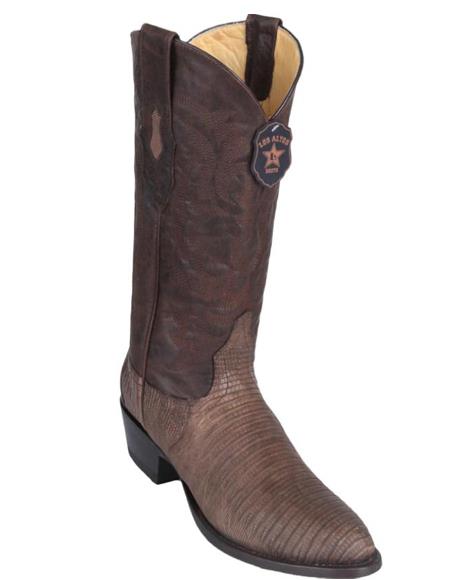 Los Altos Boots Lizard Teju R-Toe Greasy Finish Brown Cowboy Boots