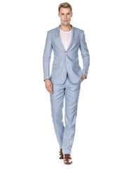 Traje de boda de lino de corte moderno para hombre azul claro