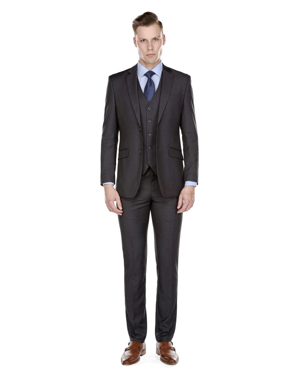 Traje elegante ajustado con chaleco para hombre, color gris carbón