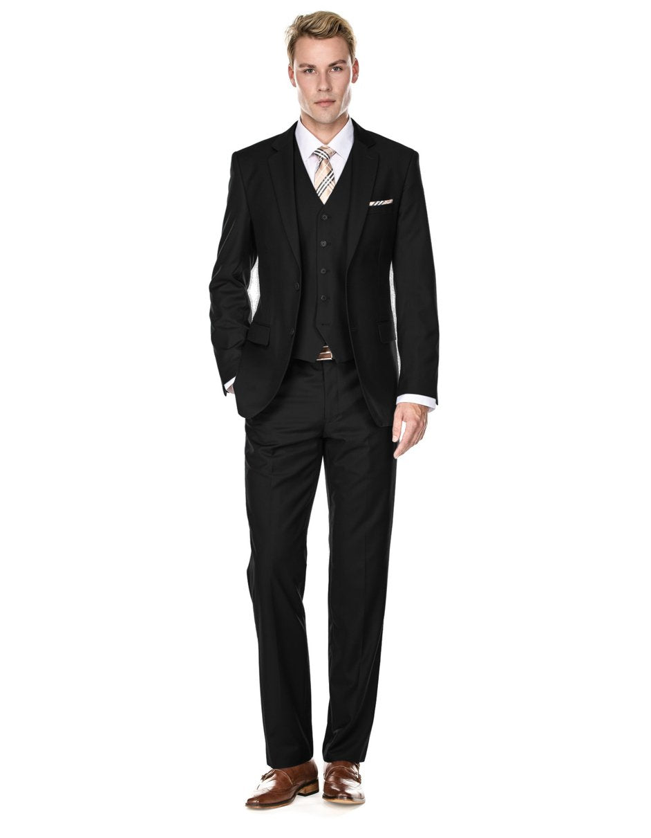 Traje elegante de corte moderno con chaleco para hombre, color negro