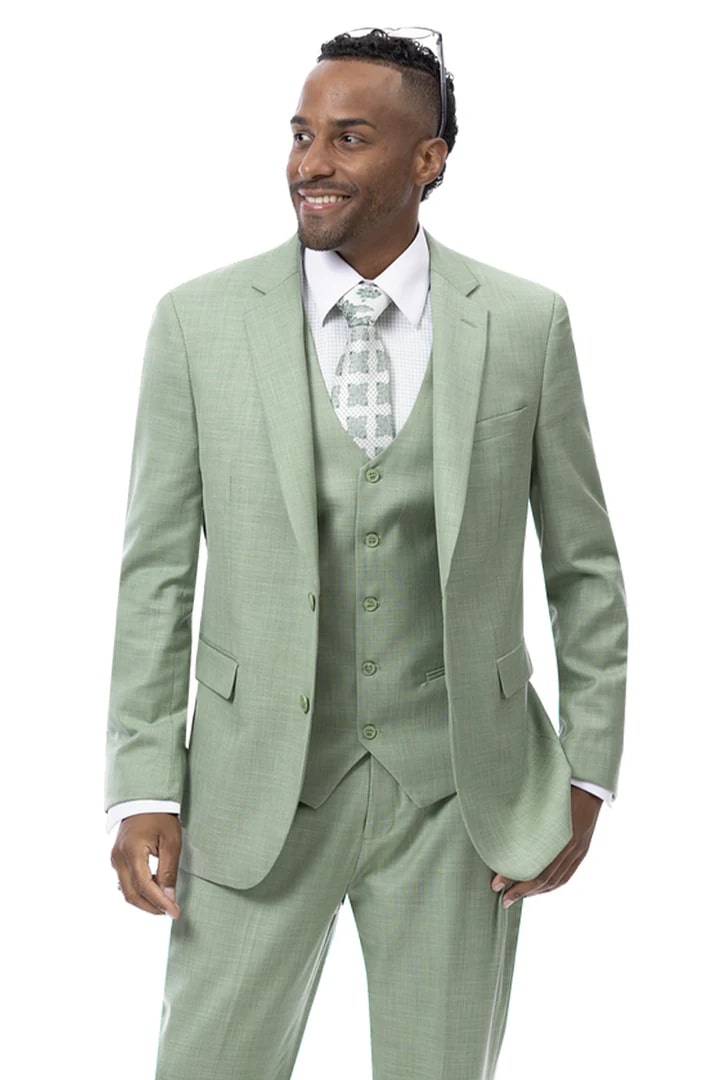 Trajes Elegantes Para Hombre - Trajes De Vestir - Traje de negocios verde musgo de piel de tiburón con dos botones y corte moderno para hombre