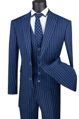 Trajes Elegantes Para Hombre - Trajes De Vestir - Mens Vested Bold Gangster Navy Blue Pinstripe Suit