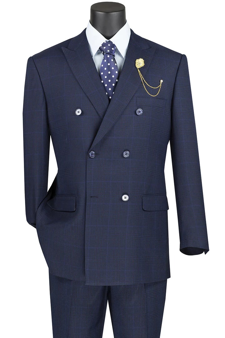 Trajes Elegantes Para Hombre - Trajes De Vestir - Mens Double Breasted Navy Blue Windowpane Plaid Suit