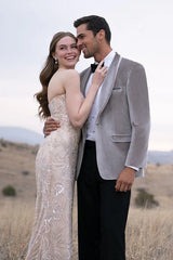 Chaqueta de esmoquin de terciopelo gris plateado con ribete - Blazer de esmoquin para boda