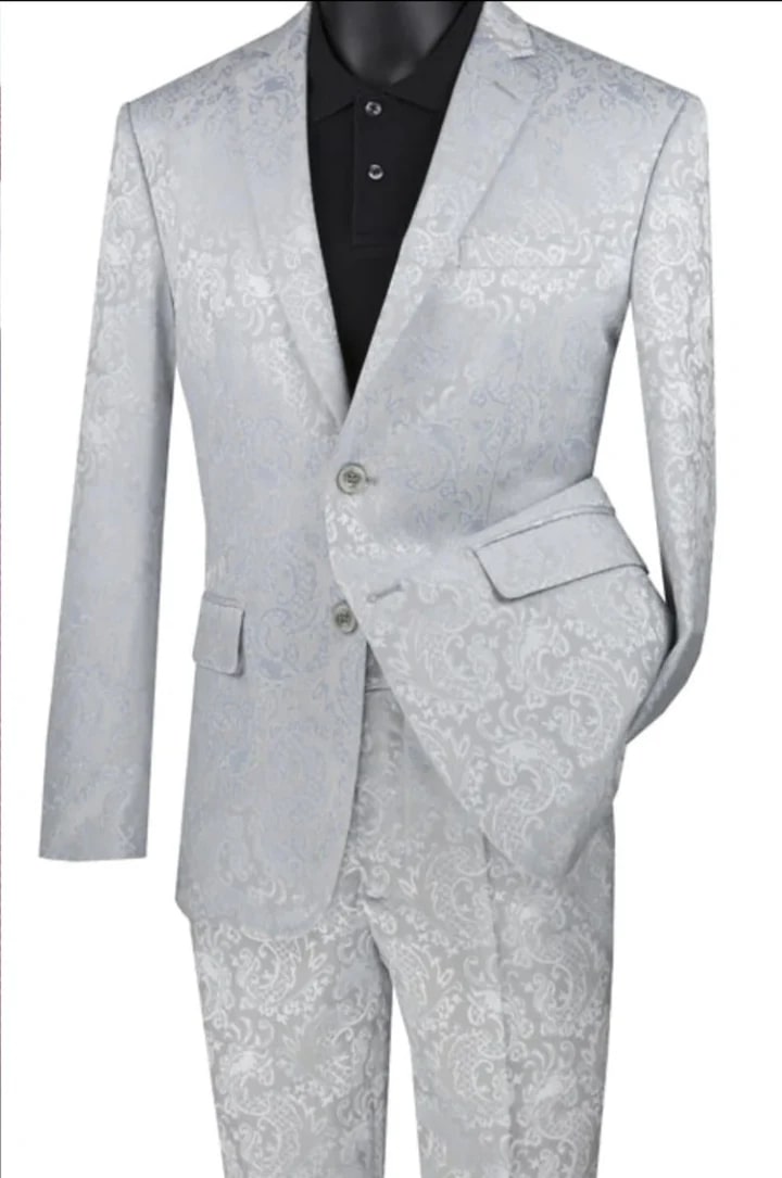 Trajes Elegantes Para Hombre - Trajes De Vestir - Mens Slim Fit Shiny Paisley prom and Silver Grey Wedding Suit