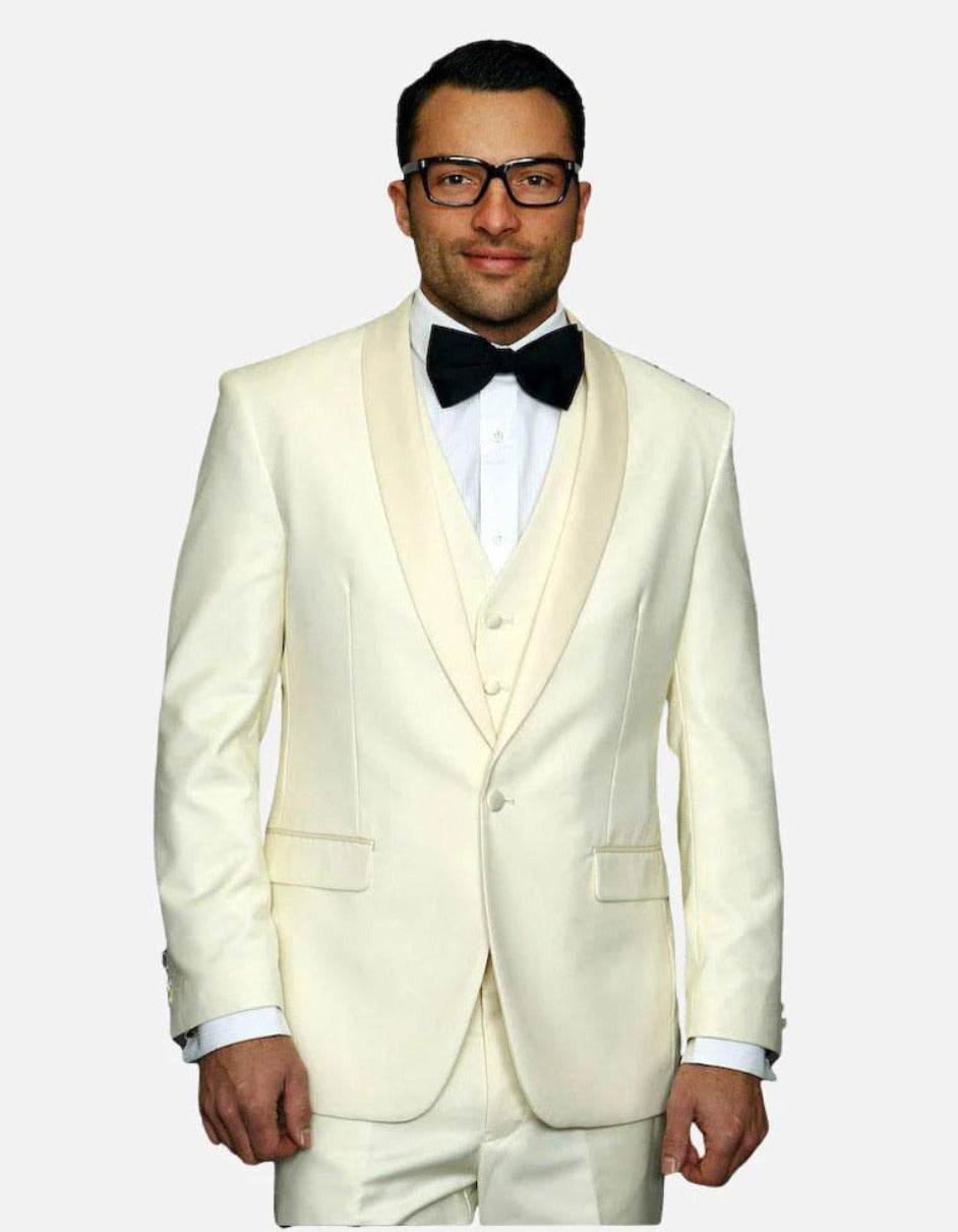 Trajes De Dombre Para Boda - Trajes De Novio - Traje Para Hombre - Off-White with White Lapel  Suit