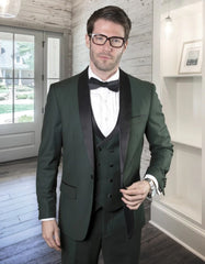 Statement Men's Hunter Green Vested Tuxedo With Black Trim Shawl Lapel