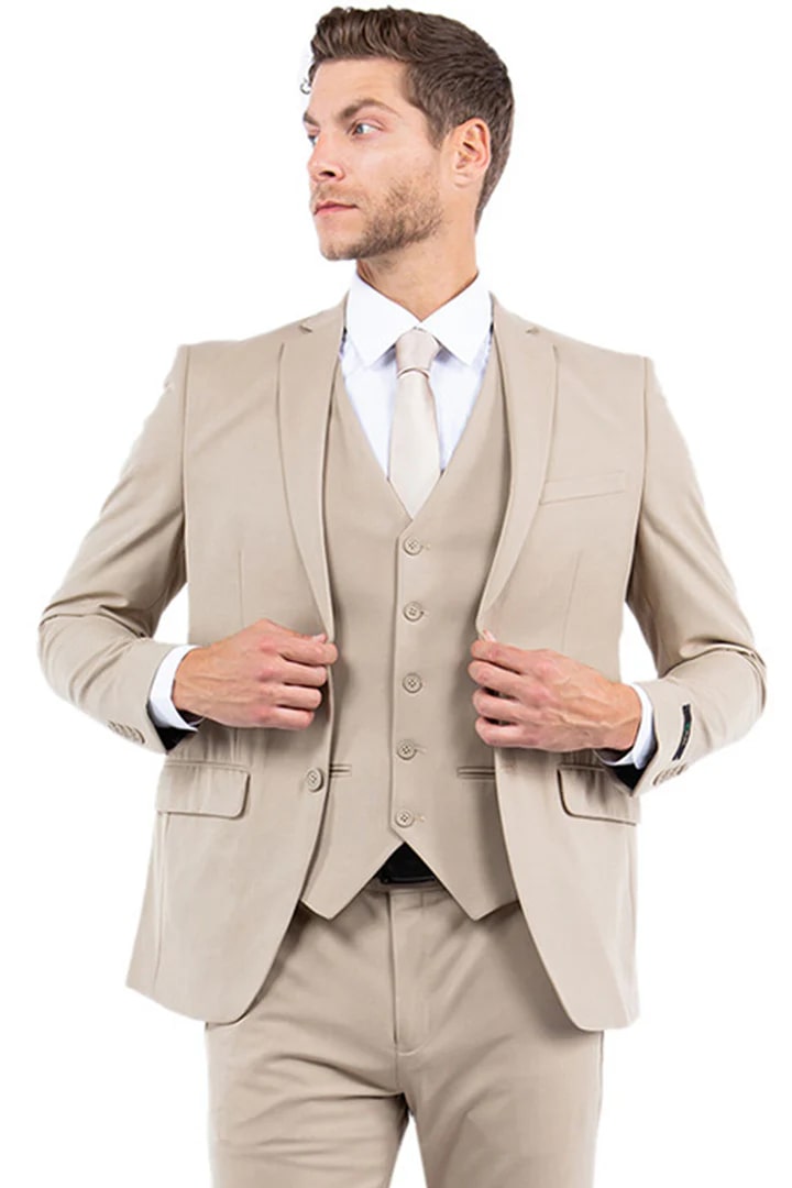 Trajes Elegantes Para Hombre - Trajes De Vestir - Mens One Button Vested Slim Fit Business &amp; Tan Wedding Suit