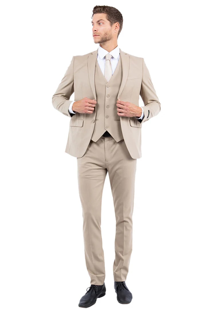 Trajes Elegantes Para Hombre - Trajes De Vestir - Mens One Button Vested Slim Fit Business &amp; Tan Wedding Suit