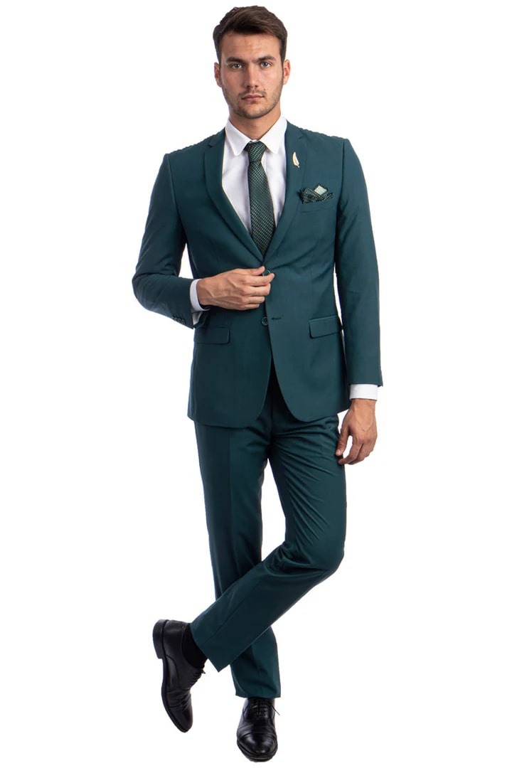 Trajes Elegantes Para Hombre - Trajes De Vestir - Mens Basic Two Button Slim Fit Teal Green Wedding Suit