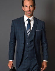 Trajes De Dombre Para Boda - Trajes De Novio - Traje Para Hombre - Navy Plaid Pinstripe Suit