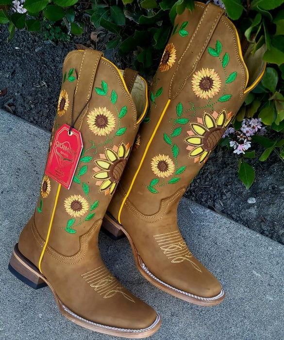 Botas Vaqueras de Cuero con Girasoles para Mujer en Horma Rodeo