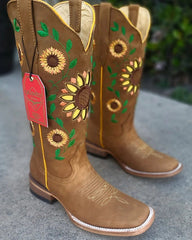 Botas Vaqueras de Cuero con Girasoles para Mujer en Horma Rodeo