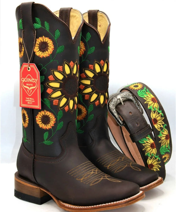 Botas Vaqueras de Cuero con Girasoles para Mujer en Horma Rodeo