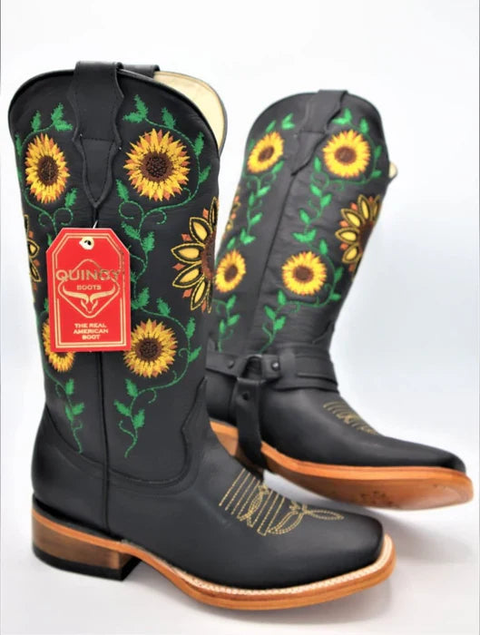 Botas de Cuero con Girasoles para Mujer en Horma Rodeo