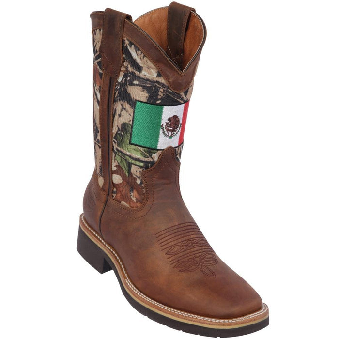 Botas de Cuero Horma Cuadrada Ancha con Bandera de México