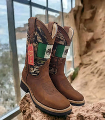 Botas de Cuero Horma Cuadrada Ancha con Bandera de México